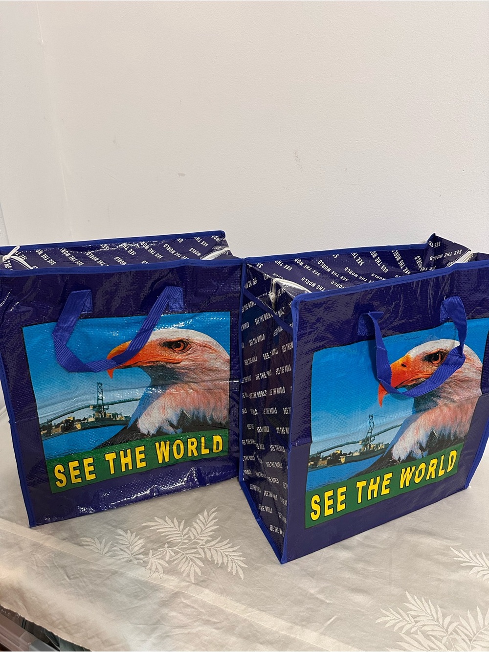 SEE THE WORLD Eagle Print Reusable Tote Bag - Blue